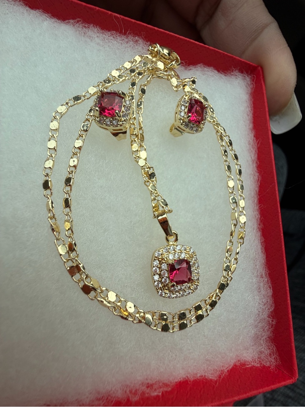 14 kt Gold filled & brass bonded Necklace & Earring Set with ruby Red Gemstones